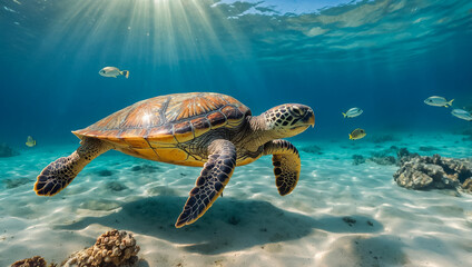 Fototapeta premium Beautiful turtle swims underwater environment