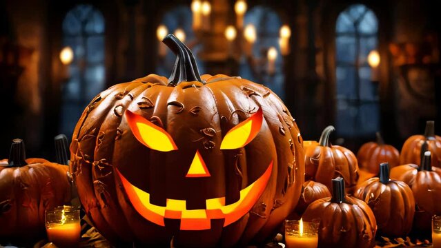 Festive scary creepy pumpkins with carved faces for Halloween. Halloween card concept