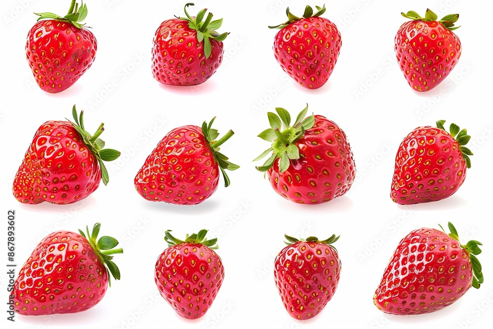 Poster A collection of twelve ripe red strawberries isolated on a white background. The strawberries are arranged in a grid pattern, with each strawberry facing a different direction. Generative AI