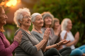 Elderly individuals singing and practicing mindfulness yoga class. Seniors bonding shared wellness activities group yoga class. Spiritual and physical journey of elderly individuals promoting harmony.