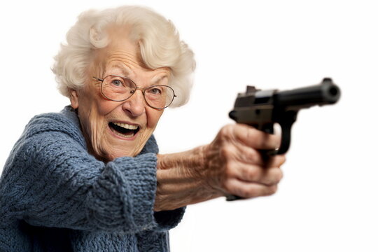 Elderly lady's cheerful demeanor contrasts intimidating gun. Mature lady's joy is evident she points her pistol assertively. Powerful juxtaposition of age and strength wrapped joyful defiance.