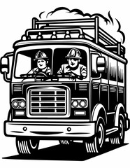 Hand Drawn Fire Engine Truck with Fire Fighter Coloring Page