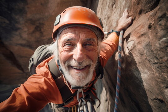 Upper angle shot captures determined climber embracing. Enthusiastic climber conquering cliff embodying confidence and vitality. Elderly climber's strength underscores timeless 
