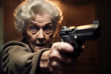 Moment of unexpected drama lady aims her beretta focus. Intensity elderly woman faces potential danger her beretta. Aging and strength face of unexpected challenges.