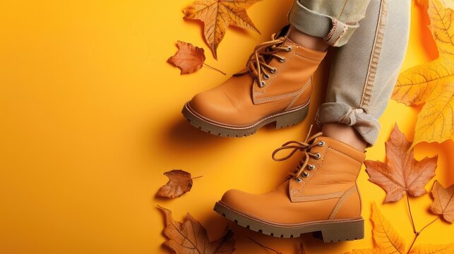 Stylish boots on yellow background with autumn vibes