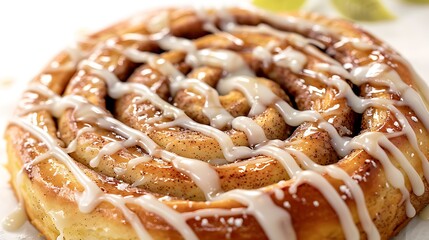 Warm gooey cinnamon roll drizzled with icing on a white background