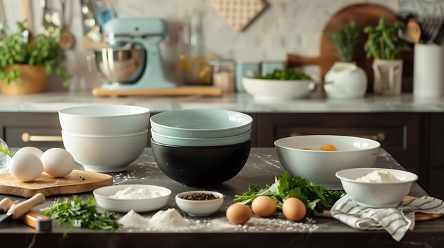 Versatile mixing bowl set various sizes ideal for food preparation placed on a kitchen island with fresh ingredients ready for baking