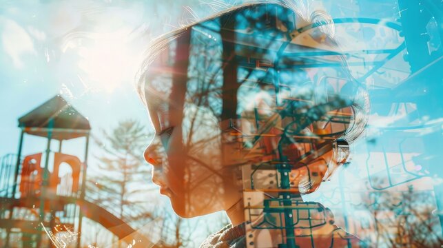 Double exposure of a child with a playground, capturing innocence and joy in graphic design