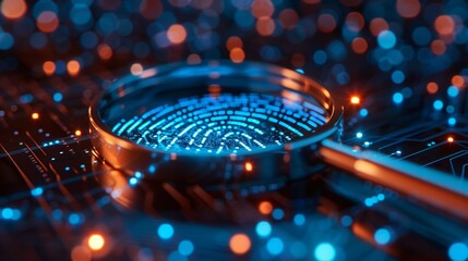 Futuristic Digital Security Concept with Magnifying Glass and Fingerprint
