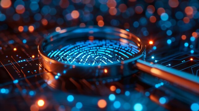 Futuristic Digital Security Concept with Magnifying Glass and Fingerprint