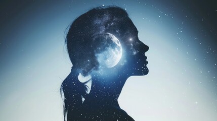 Double exposure of a woman with the night sky and moon, symbolizing tranquility and cosmic connection