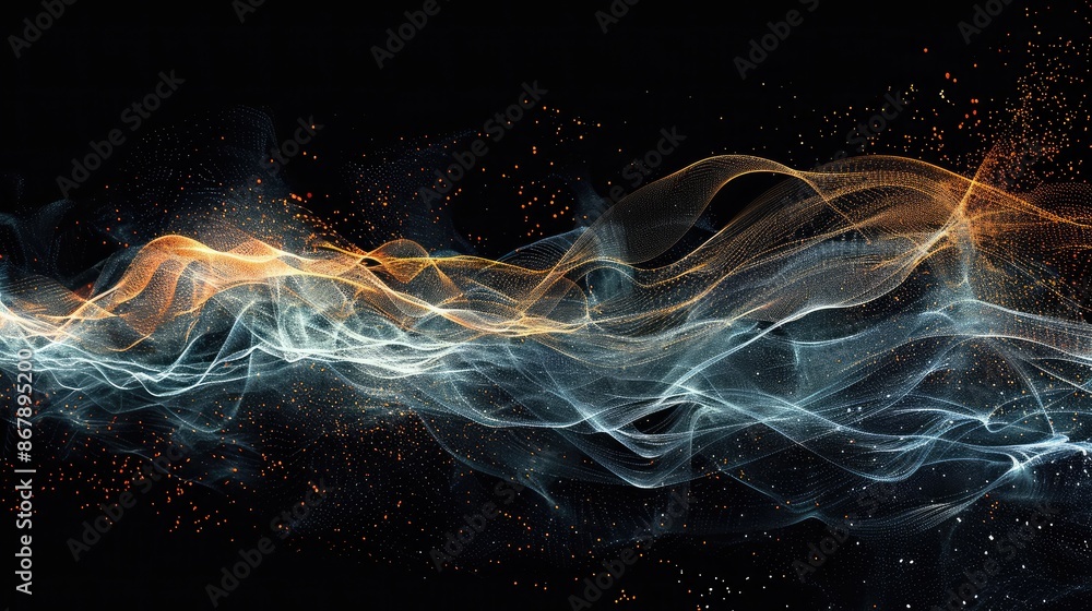 Poster dynamic wave of particles and lines representing data flow and connectivity