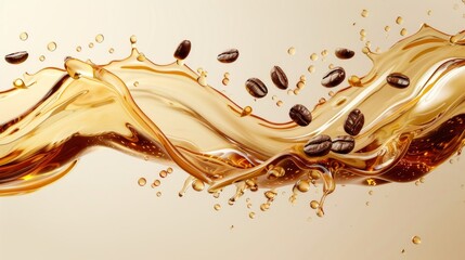 Flowing Coffee and Caramel Splash with Coffee Beans in a Creamy Background