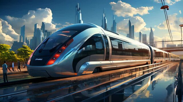 Fast modern futuristic train moving through the tunnel at night in the green city