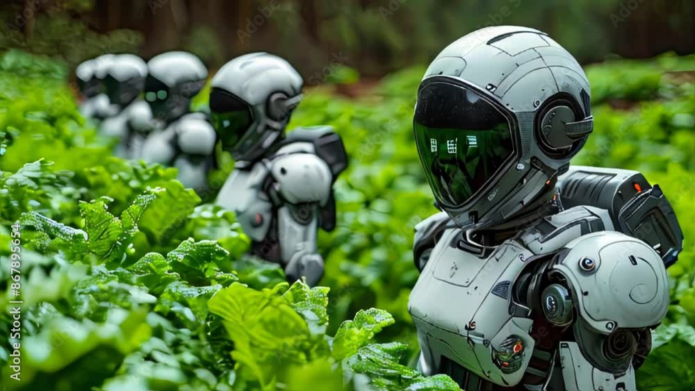 Poster green eco-friendly high-tech futuristic computer robot in connection with nature. the concept is an 