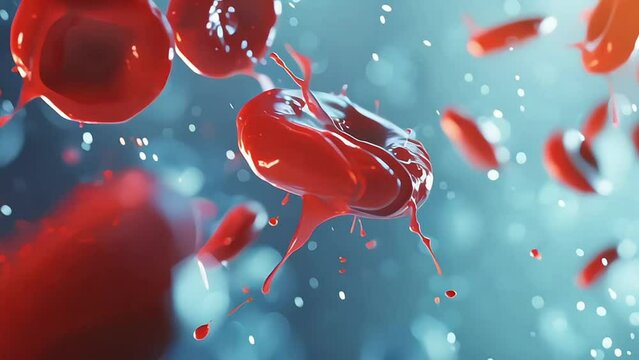 Red blood cells flow in human veins, medical background. Macro view of erythrocyte platelets