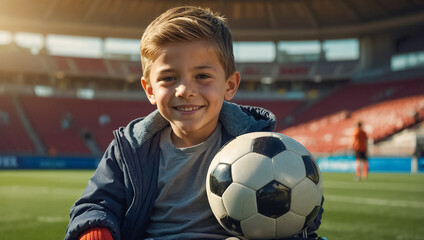 Happy boy in a wheelchair at the stadium
