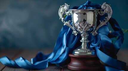 Elegant Silver Trophy with Blue Ribbons on Wooden Table