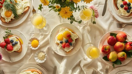 Flat lay of an elegant brunch setup with eggs benedict, mimosas, and fresh fruit