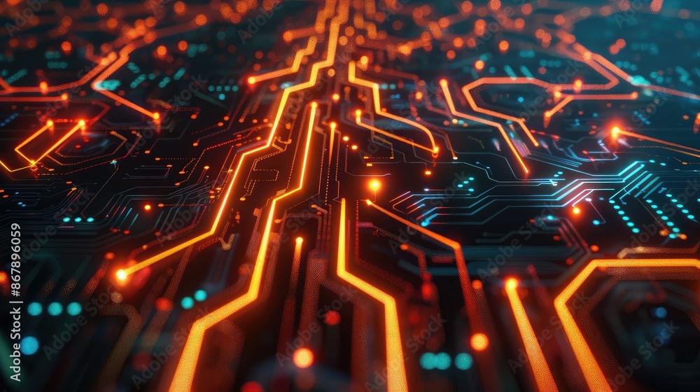 Poster futuristic circuit board pattern with glowing connections and pathways.