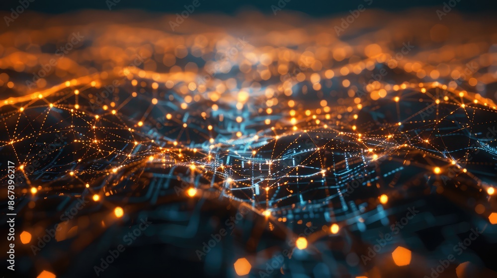 Poster futuristic digital network with glowing nodes and lines on a dark background.