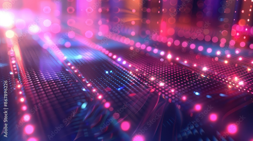Poster futuristic grid with holographic elements and dynamic light effects.
