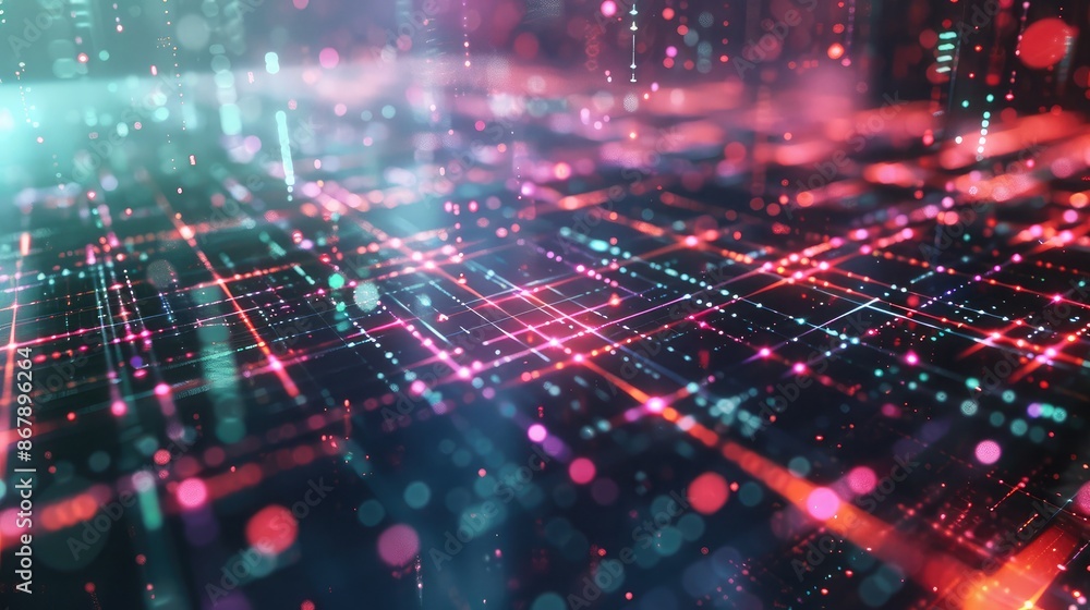 Aufkleber futuristic grid with holographic elements and dynamic light effects.