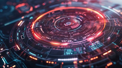 Futuristic HUD interface with circular patterns and data indicators.