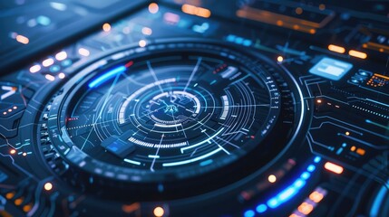 Futuristic HUD interface with circular patterns and data indicators.