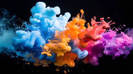 Fototapeta premium Splash of color paint, water or smoke on dark background. Colored splash explosion of multi-colored powder on a dark background.