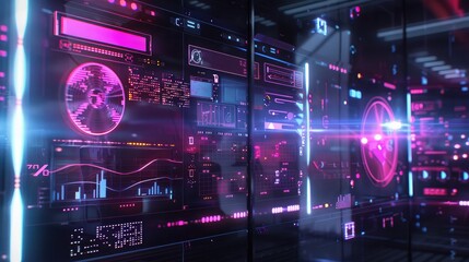 Holographic display with virtual data points and futuristic design elements.