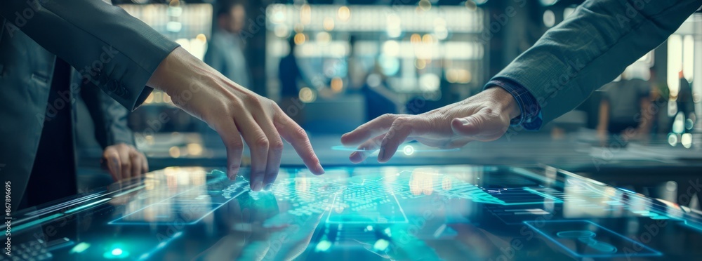 Poster hands interact with a high-tech touchscreen in an advanced laboratory setting, showcasing futuristic