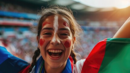 A happy fan at a public event in a stadium, holding an Italian flag with a smile and making a gesture, while enjoying the fun and leisure with a cheering crowd. AIG41
