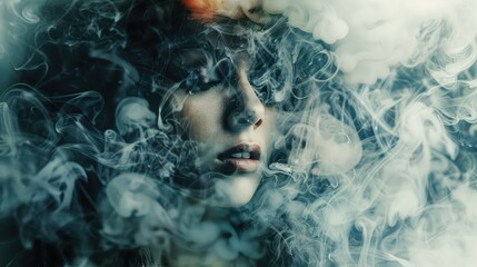 Image of a woman with abstract smoke and mist, creating a mysterious and ethereal double exposure effect
