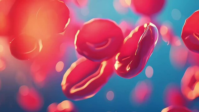 Red blood cells flow in human veins, medical background. Macro view of erythrocyte platelets