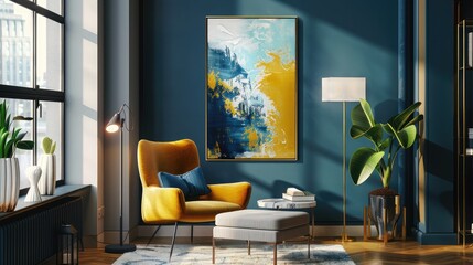 Modern abstract art with gold and navy blue accents in a cozy reading nook.