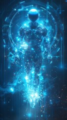 Blue digital robot icon levitation and circle futuristic HUD with Ai chatbot and machine learning technology with artificial intelligence concepts on vertical abstract background