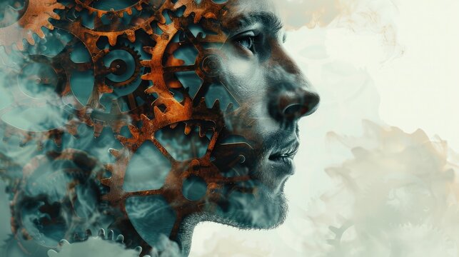 face combined with mechanical gears, representing the fusion of humanity and technology in a double exposure style