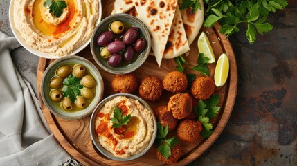 Overhead shot of a Mediterranean mezze platter with hummus, pita bread, olives, and falafel.