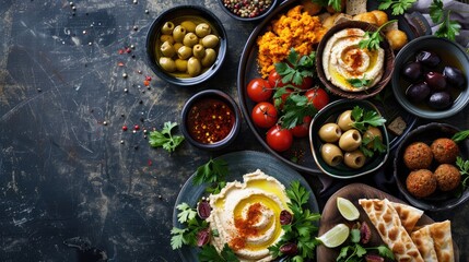 Overhead shot of a Mediterranean mezze platter with hummus, pita bread, olives, and falafel.