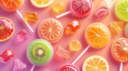 A flat lay of colorful fruit-shaped lollipops and gummy candies on a pink background. Generative AI