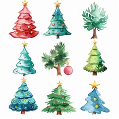 Watercolor illustration of various Christmas trees with ornaments and stars. Perfect for festive and colorful holiday designs.