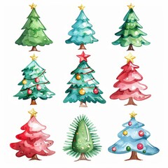 Watercolor illustration of various Christmas trees with ornaments and stars. Perfect for festive and colorful holiday designs.