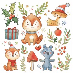 Watercolor illustration of cute woodland animals with holiday elements like holly and gifts. Perfect for festive and whimsical Christmas designs.