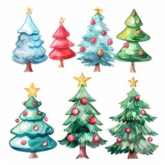 Watercolor illustration of various Christmas trees with ornaments and stars. Perfect for festive and colorful holiday designs.