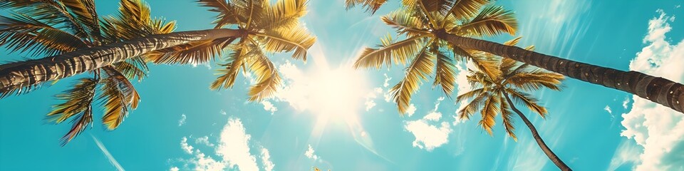 Blue sky and palm trees view from below, vintage style, tropical beach and summer background, travel concept