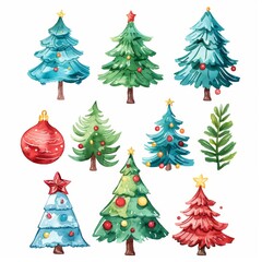 Watercolor illustration of various Christmas trees with ornaments and stars. Perfect for festive and colorful holiday designs.