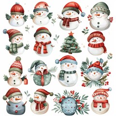Watercolor illustration of various cute snowmen wearing hats and scarves, adorned with holiday greenery. Perfect for cheerful and festive winter designs.