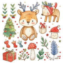 Fototapeta premium Watercolor illustration of cute woodland animals with holiday elements like holly and gifts. Perfect for festive and whimsical Christmas designs.
