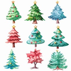 Watercolor illustration of various Christmas trees with ornaments and stars. Perfect for festive and colorful holiday designs.